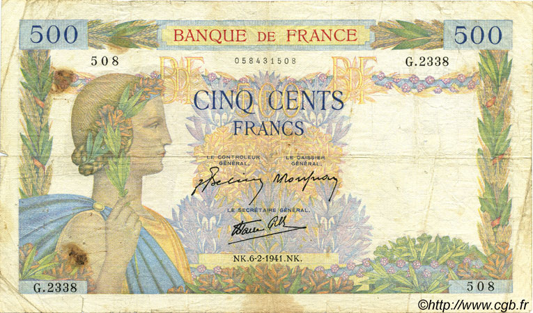 500 Francs LA PAIX FRANCE  1941 F.32.14 B
