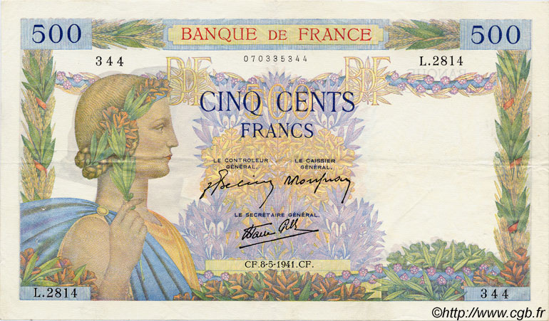 500 Francs LA PAIX FRANCE  1941 F.32.16 pr.SUP