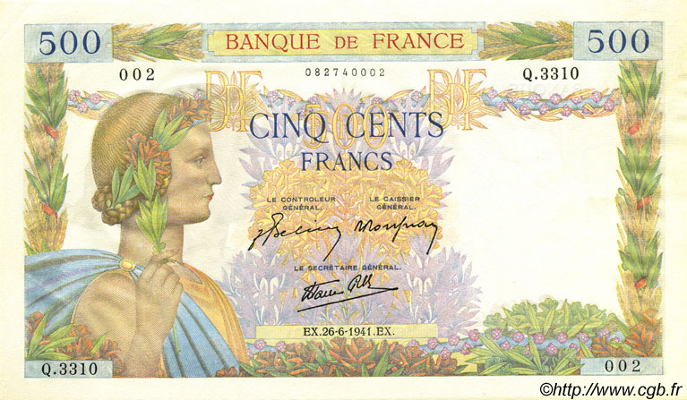 500 Francs LA PAIX FRANCE  1941 F.32.19 SPL