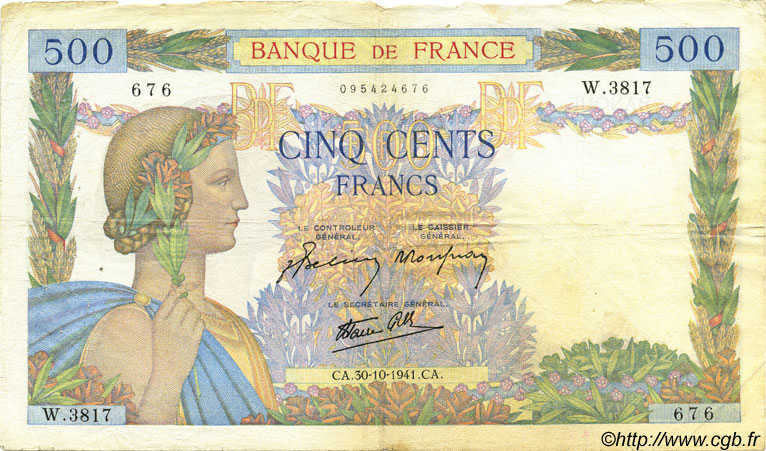 500 Francs LA PAIX FRANCE  1941 F.32.23 TB