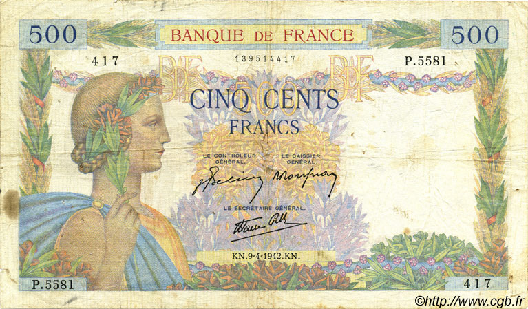500 Francs LA PAIX FRANCE  1942 F.32.34 B+