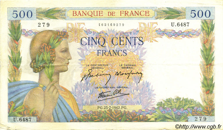 500 Francs LA PAIX FRANCE  1942 F.32.38 TTB+