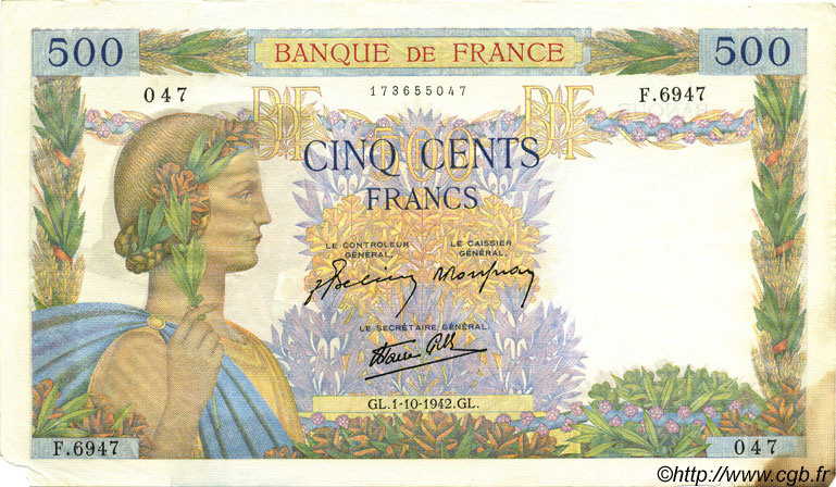 500 Francs LA PAIX FRANCE 1942 F.32.41 TTB
