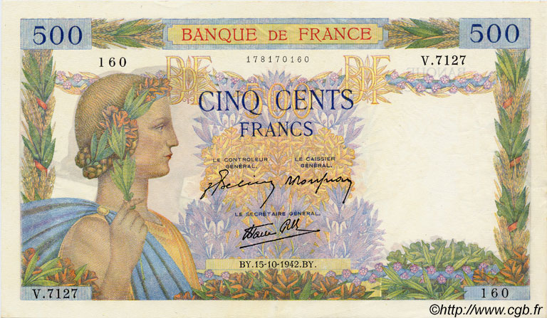 500 Francs LA PAIX FRANCE  1942 F.32.42 SUP