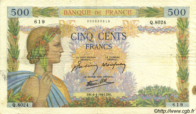 500 Francs LA PAIX FRANCE  1944 F.32.46 TTB