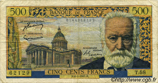 500 Francs VICTOR HUGO FRANCE  1955 F.35.04 TB
