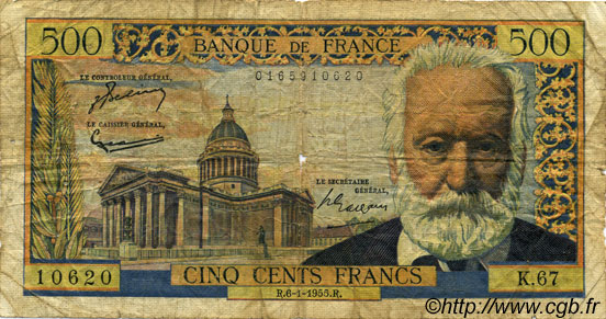 500 Francs VICTOR HUGO FRANCE  1955 F.35.04 pr.B