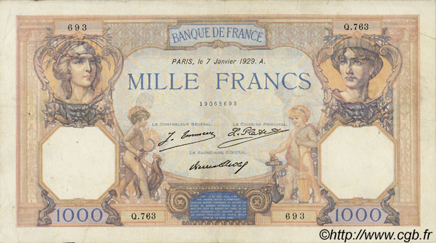 1000 Francs CÉRÈS ET MERCURE FRANCE  1929 F.37.03 TB