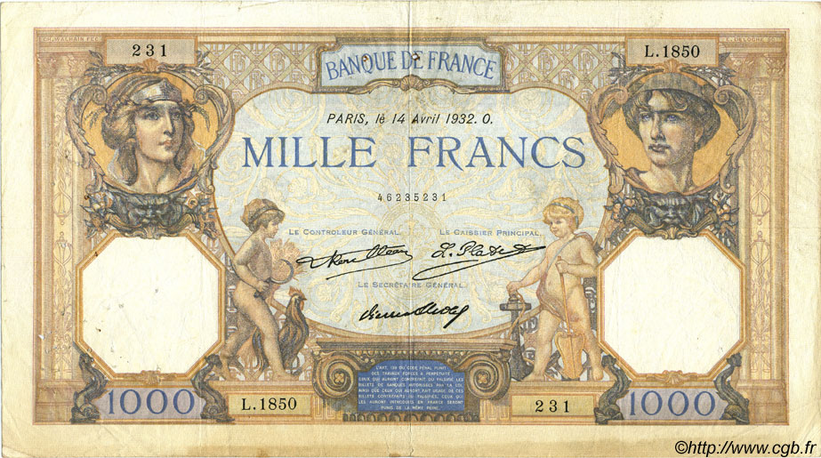 1000 Francs CÉRÈS ET MERCURE FRANCE  1932 F.37.07 TB