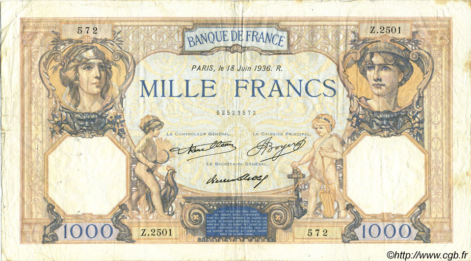 1000 Francs CÉRÈS ET MERCURE FRANCE  1936 F.37.09 pr.TTB