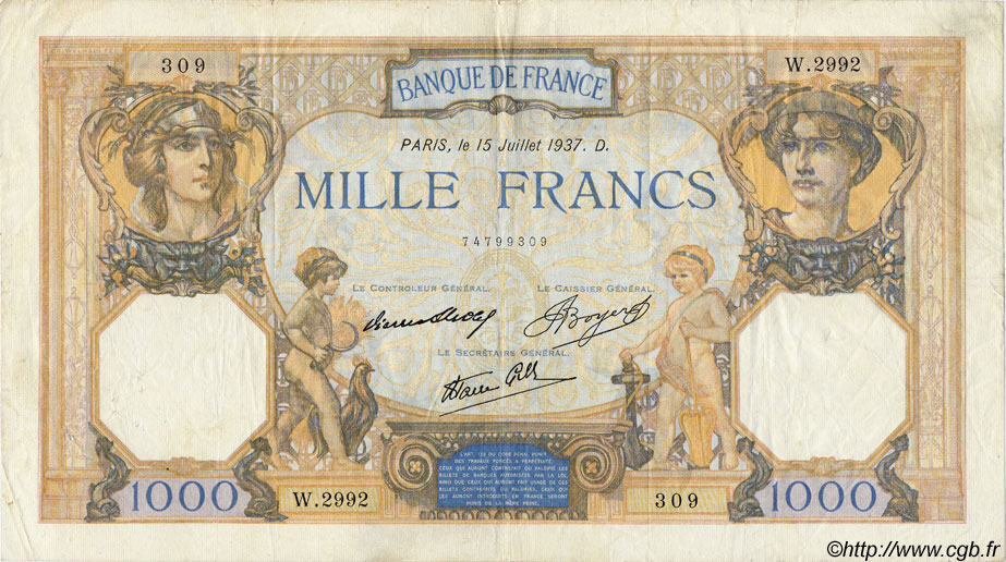 1000 Francs CÉRÈS ET MERCURE type modifié FRANCE  1937 F.38.02 pr.TTB