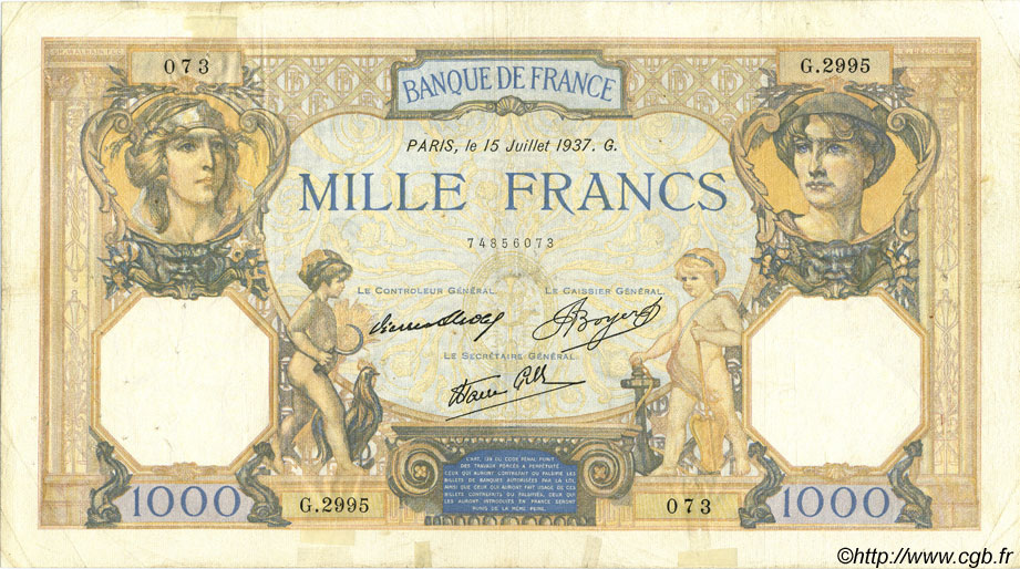 1000 Francs CÉRÈS ET MERCURE type modifié FRANCE  1937 F.38.02 TB+
