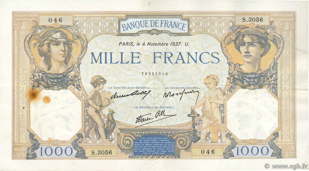 1000 Francs CÉRÈS ET MERCURE type modifié FRANCE  1937 F.38.04 TTB
