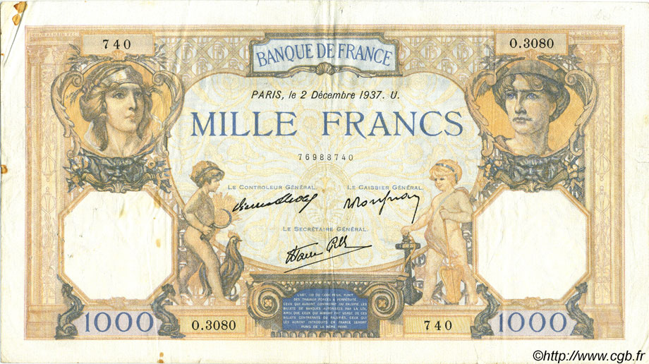 1000 Francs CÉRÈS ET MERCURE type modifié FRANCE  1937 F.38.05 TTB