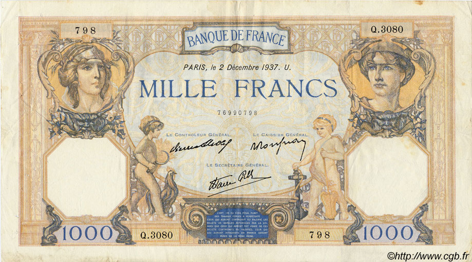 1000 Francs CÉRÈS ET MERCURE type modifié FRANCE  1937 F.38.05 TB+