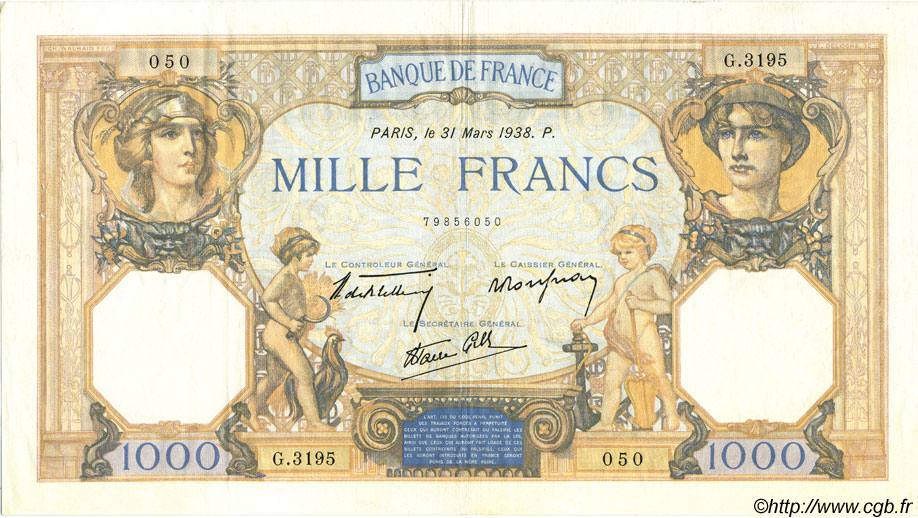 1000 Francs CÉRÈS ET MERCURE type modifié FRANCE  1938 F.38.10 TTB à SUP