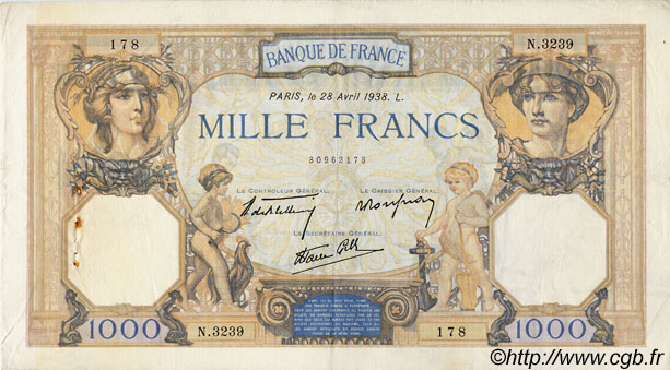 1000 Francs CÉRÈS ET MERCURE type modifié FRANCE  1938 F.38.12 TTB