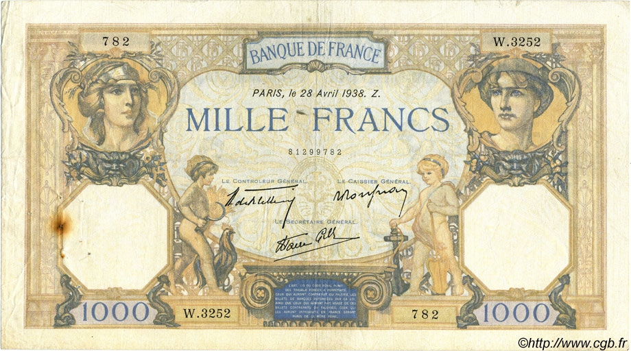 1000 Francs CÉRÈS ET MERCURE type modifié FRANCE  1938 F.38.12 TB