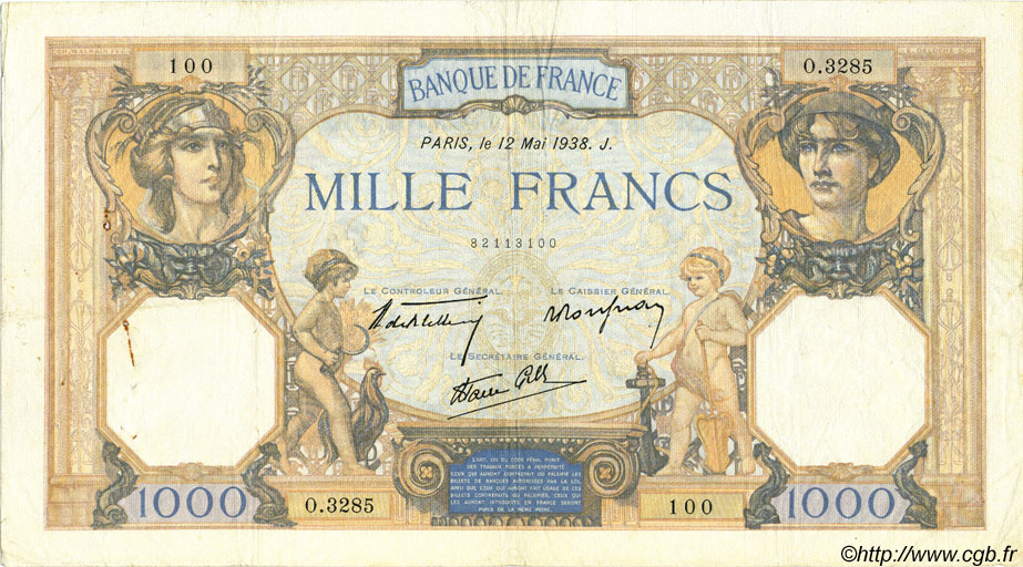 1000 Francs CÉRÈS ET MERCURE type modifié FRANCE  1938 F.38.14 pr.TTB