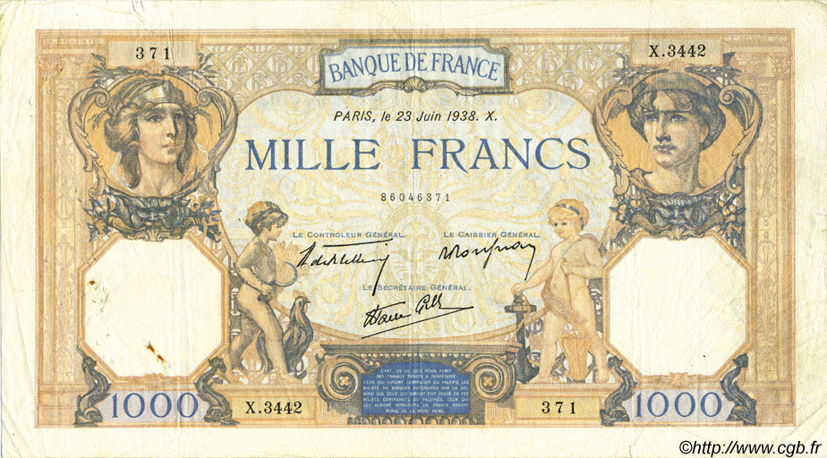 1000 Francs CÉRÈS ET MERCURE type modifié FRANCE  1938 F.38.20 TB+