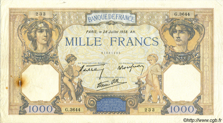 1000 Francs CÉRÈS ET MERCURE type modifié FRANCE  1938 F.38.25 TB