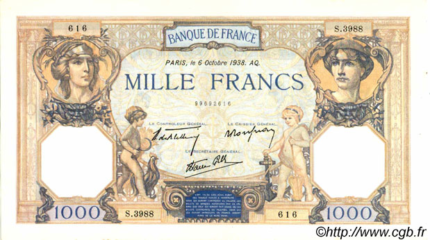1000 Francs CÉRÈS ET MERCURE type modifié FRANCE  1938 F.38.28 pr.NEUF