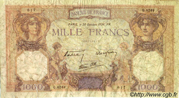 1000 Francs CÉRÈS ET MERCURE type modifié Faux FRANCE  1938 F.38.30 B