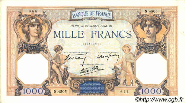 1000 Francs CÉRÈS ET MERCURE type modifié FRANCE  1938 F.38.30 pr.SUP