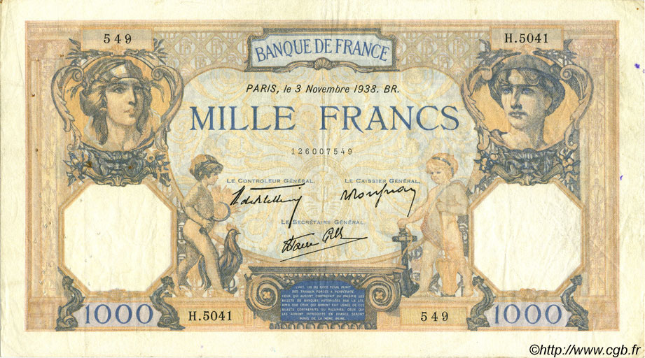 1000 Francs CÉRÈS ET MERCURE type modifié FRANCE  1938 F.38.32 TTB