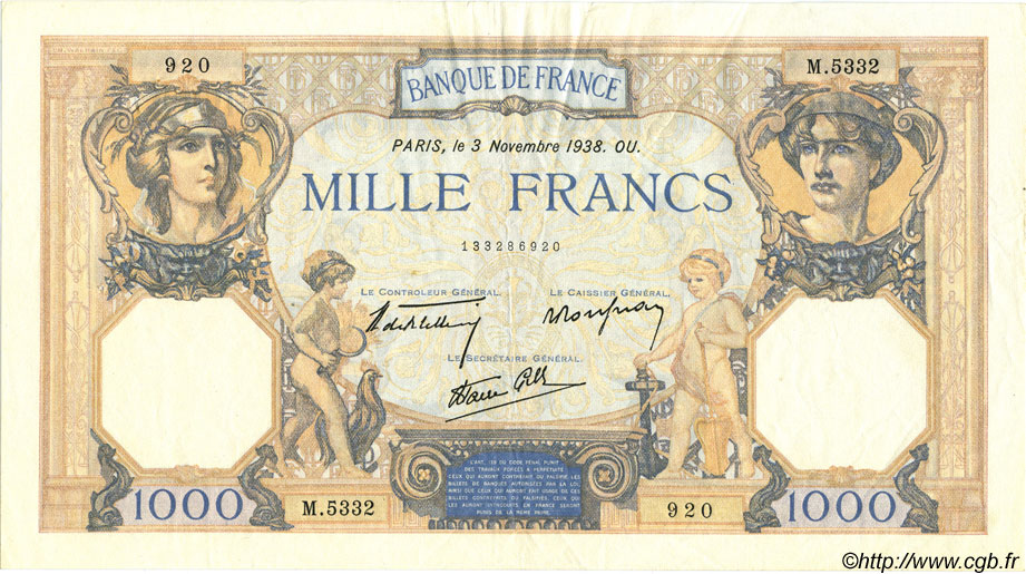 1000 Francs CÉRÈS ET MERCURE type modifié FRANCE  1938 F.38.32 SUP