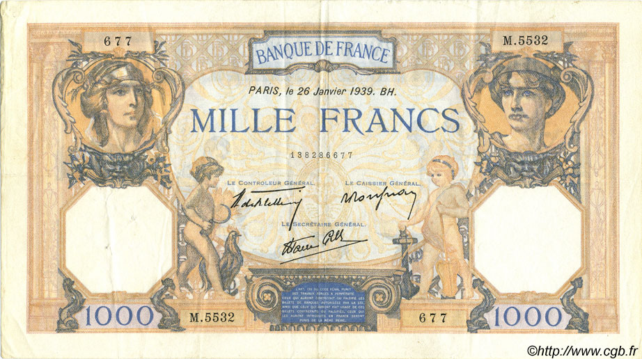 1000 Francs CÉRÈS ET MERCURE type modifié FRANCE  1939 F.38.33 pr.SUP