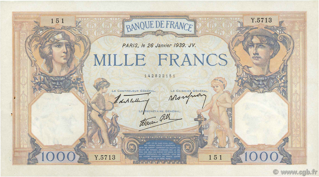 1000 Francs CÉRÈS ET MERCURE type modifié FRANCE  1939 F.38.33 pr.SPL
