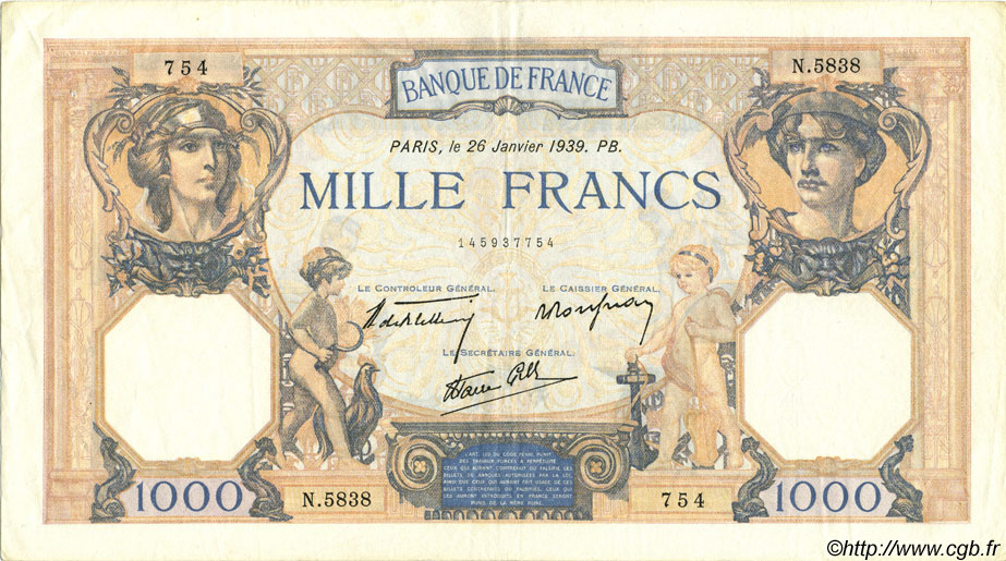 1000 Francs CÉRÈS ET MERCURE type modifié FRANCE  1939 F.38.33 TTB à SUP