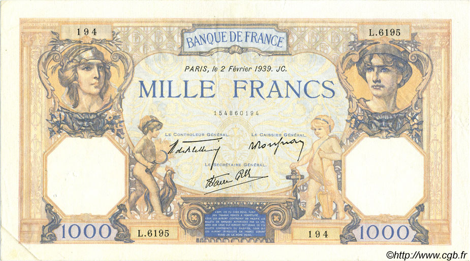 1000 Francs CÉRÈS ET MERCURE type modifié FRANCE  1939 F.38.34 SUP
