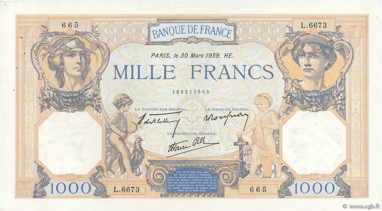 1000 Francs CÉRÈS ET MERCURE type modifié FRANCE  1939 F.38.35 SUP+
