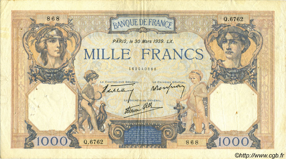 1000 Francs CÉRÈS ET MERCURE type modifié FRANCE  1939 F.38.35 TTB