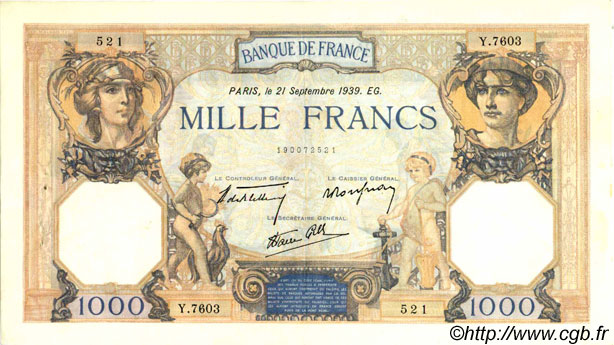1000 Francs CÉRÈS ET MERCURE type modifié FRANCE  1939 F.38.37 SUP
