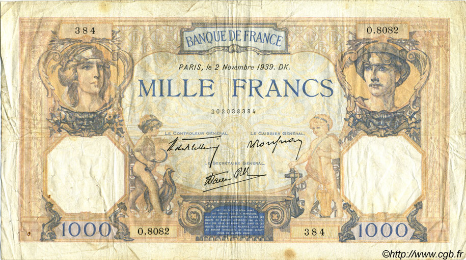 1000 Francs CÉRÈS ET MERCURE type modifié FRANCE  1939 F.38.38 B+
