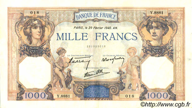 1000 Francs CÉRÈS ET MERCURE type modifié FRANCE  1940 F.38.43 TTB+ à SUP