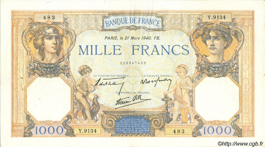 1000 Francs CÉRÈS ET MERCURE type modifié FRANCE  1940 F.38.44 TTB