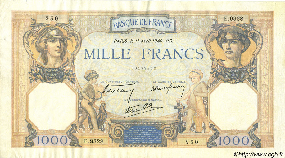 1000 Francs CÉRÈS ET MERCURE type modifié FRANCE  1940 F.38.45 pr.TTB