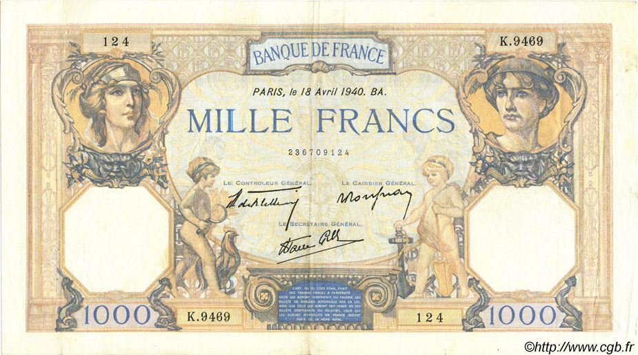 1000 Francs CÉRÈS ET MERCURE type modifié FRANCE  1940 F.38.46 TTB+