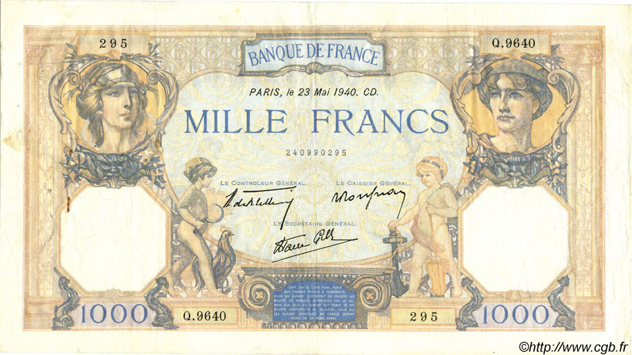 1000 Francs CÉRÈS ET MERCURE type modifié FRANCE  1940 F.38.47 TTB