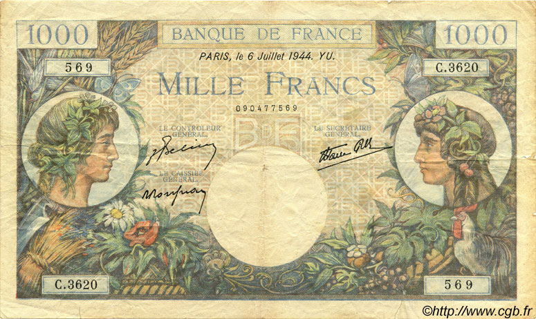 1000 Francs COMMERCE ET INDUSTRIE FRANCE  1944 F.39.10 TB+