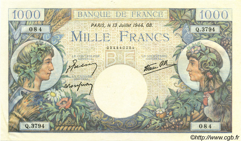 1000 Francs COMMERCE ET INDUSTRIE FRANCE  1944 F.39.11 pr.NEUF