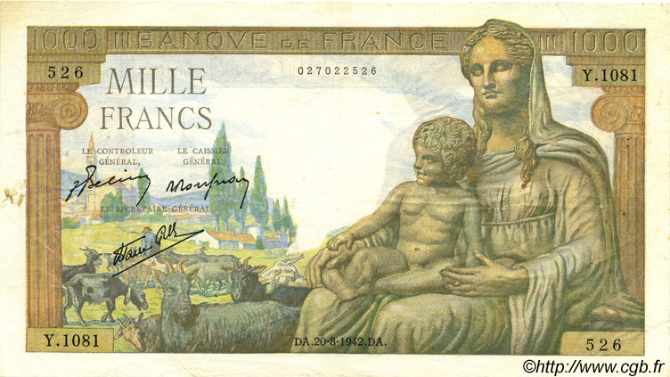 1000 Francs DÉESSE DÉMÉTER FRANCE  1942 F.40.05 TTB+