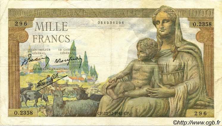 1000 Francs DÉESSE DÉMÉTER FRANCE  1942 F.40.14 TB+