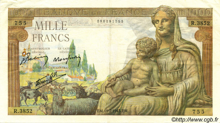 1000 Francs DÉESSE DÉMÉTER FRANCE  1943 F.40.18 TTB+
