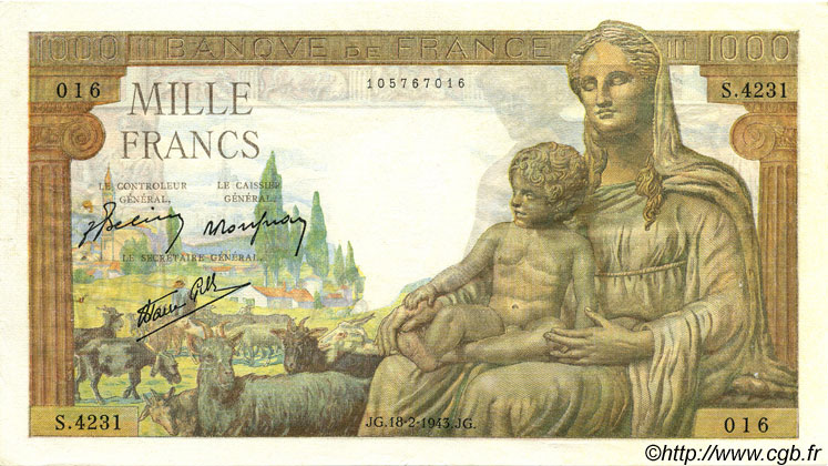 1000 Francs DÉESSE DÉMÉTER FRANCE  1943 F.40.19 TTB+
