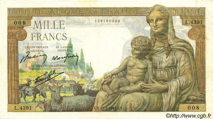 1000 Francs DÉESSE DÉMÉTER FRANKREICH 1943 F.40.20 fVZ